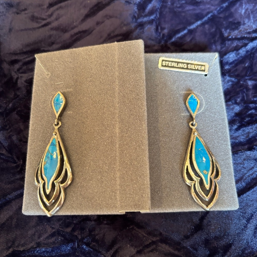 Vintage NF 925 Sterling Silver Turquoise Inlay Dangle